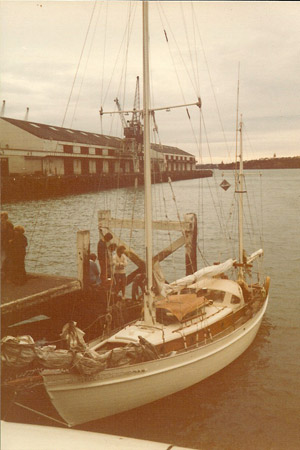 The yacht Salida, a classic 40-foot wooden yawl bound for Brisbane, Australia, 1977.